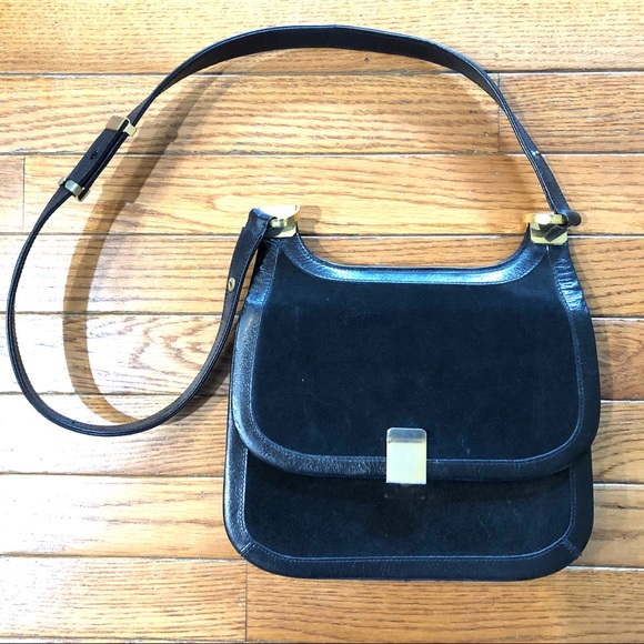 VTG Coblentz Convertible Black Suede Tri-Fold Handbag Shoulder Bag Gold Hardware - Picture 1 of 11